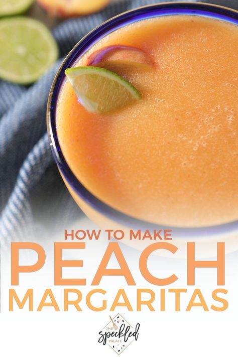 Have you ever had a peach margarita? This 5-ingredient mixed drink calls for frozen peaches (or fresh, if it’s the height of summer) and mixes in a blender. #EasyEntertaining #SpeckledPalate Sweet Lemonade Recipe, Peach Margarita Recipe, Blended Margarita Recipe, Peach Margarita Recipes, Peach Margaritas, Margarita Mix Recipe, Easy Margarita Recipe, Homemade Margaritas, Peach Margarita