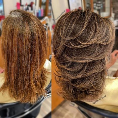 Medium Feathered Haircut Before and After Feathered Haircut, Shag Layered Hairstyles, Hair Ideas For Women, Feathered Hair Cut, Jack Martin, Feathered Hair, Before And After Haircut, Chunky Highlights, Haircuts For Medium Length Hair