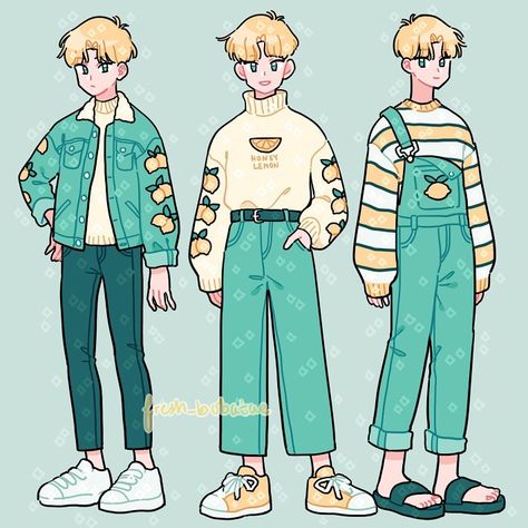 Emily Kim❤️ on Instagram: “Lem outfits! Swipe for the glasses version! Which fit is your favorite?” Cute Outfits For Men, Chibi Outfits, Outfits Illustration, Fashion Designer Outfits, Outfit Illustration, Lemon Boy, Lakaran Fesyen, Cute Sweater Outfits, Arte Doodle