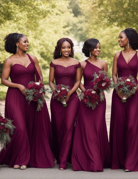 Burgandy Bridesmaids Dresses, Burgandy Bridesmaids Dress, Braids Maid Dresses, Wine Color Bridesmaid Dress, Peach Wedding Colors, Burgundy Wedding Theme, Maroon Bridesmaid, Elegant Bridal Dress, African Bridesmaid Dresses