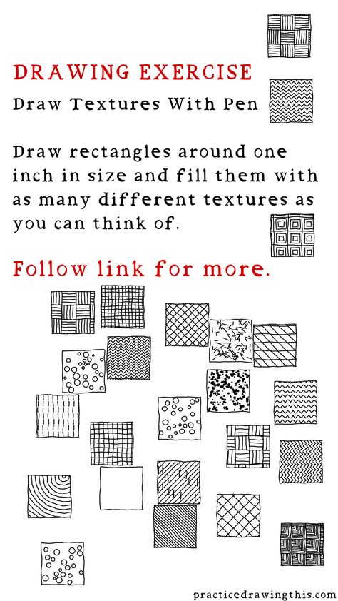 Draw rectangles around one inch in size and fill them with as many different textures as you can think of. Digital Drawing Practice Exercises, Art Warmups Exercises, Warm Up Drawing Exercises, Drawing Warm Ups Exercises, Drawing Excercices, Digital Drawing Practice, Drawing Warmups, Drawing Warm Ups, Drawing Practice Exercises