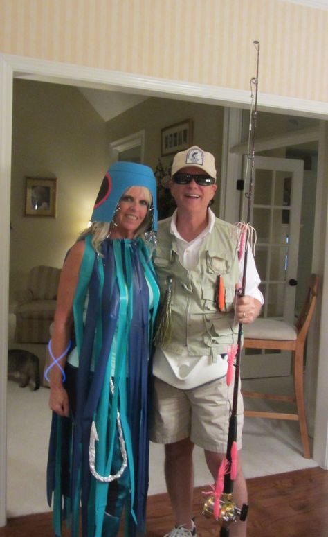 fishing lure Fisherman Costume Diy, Fishing Lure Costume, Fisherman And Fish Halloween Costume, Family Fishing Costumes, Fishing Halloween Costume, Fish Costume Diy Women, Diy Fish Costume For Women, Fisherman And Fish Costume, Fish And Fisherman Couples Costume