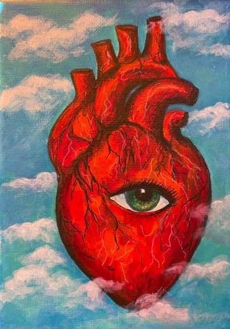 Trippy Heart Drawing, Heart With Eyes Drawing, Aesthetic Eye Art, Juxtaposed Art, Third Eye Painting, Hearts With Eyes, Weird Art Painting, Eye Project, Heart With Eyes