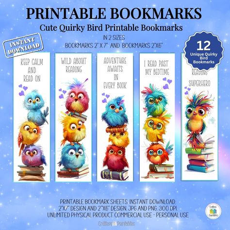 Cute Bird Printable Bookmarks Book Lovers Gift Bookmark for Women Instant Download Crafter Gift for Kids Quirky Birds Print and Cut Sublimation Bookmark Ideas, Funny Bookmarks Printable, Sublimated Bookmarks, Sublimation Bookmarks, Blue Bookmark Printable, Bookmarks Unique, Bookmark Sublimation, Bird Bookmark, School Bookmarks