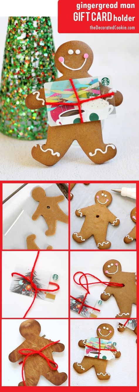 Gingerbread man cookie gift card holder! Makes gift cards less boring. Personalized Christmas gift idea. Kersfees Koekies, Gift Card Basket, Gingerbread Man Gift, Diy Christmas Treats, Gingerbread Cookie Recipe, Gift Card Presentation, Christmas Treats For Gifts, Hot Christmas, Christmas Meals