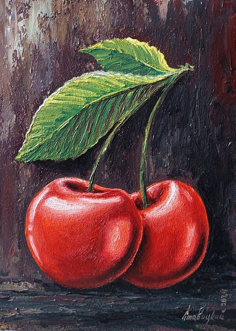 This original oil painting, titled "Sweet Cherries," captures the vibrant and juicy essence of fresh fruit. Measuring 5.1 x 7.1 inches (13x18 cm) and crafted with oil paints on hardboard, each piece in this series embodies the brightness and freshness of fruit. The artwork aims to evoke the sensation of being in a fragrant garden, surrounded by the enticing aroma of ripe fruits, as if they have just been plucked from the branch. Oil Paint Painting, Still Painting Ideas, Cherry Painting Acrylic, Fruit Oil Pastel, Fruit Painting Ideas, Cherry Artwork, Colourful Still Life, Still Life Fruit Painting, Abstract Still Life Painting