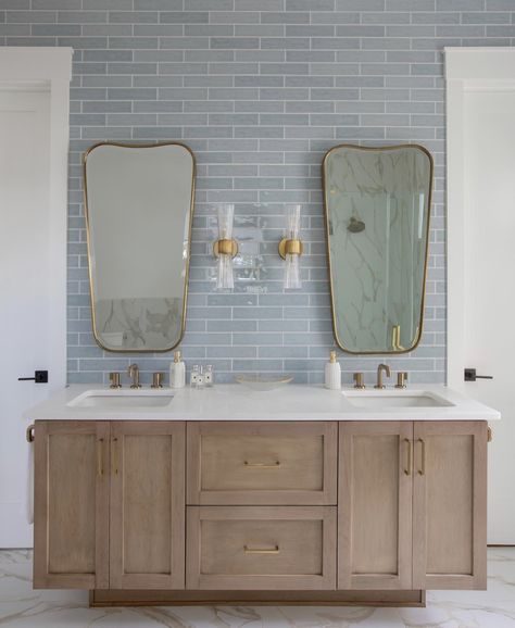 Tiled Vanity Wall, Tiled Vanity, Blue Upholstered Chair, Timeless Tile, Basement Reno Ideas, Blue Bathroom Walls, Megan Molten, Burled Wood Coffee Table, Blue Bathroom Tile