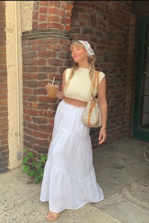 White Tiered Maxi Skirt, White Tiered Maxi Skirt Outfit, Tiered Skirt Outfit Summer, White Tiered Skirt Outfit, Tiered Maxi Skirt Outfit, Tiered Skirt Outfit, White Maxi Skirt Outfit, Fem Style, White Skirt Outfits