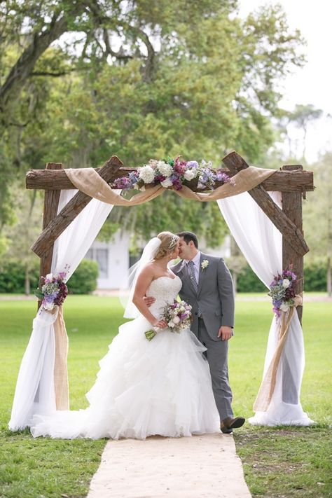 David's Bridal bride Lauren chose an Oleg Cassini gown for her rustic vintage wedding. Burlap Wedding Decorations, Rustic Burlap Wedding, Burlap Lace Wedding, Diy Wedding Arch, Wedding Arbors, Wedding Arch Rustic, Rustic Vintage Wedding, Wedding Arbour, Wedding Entrance