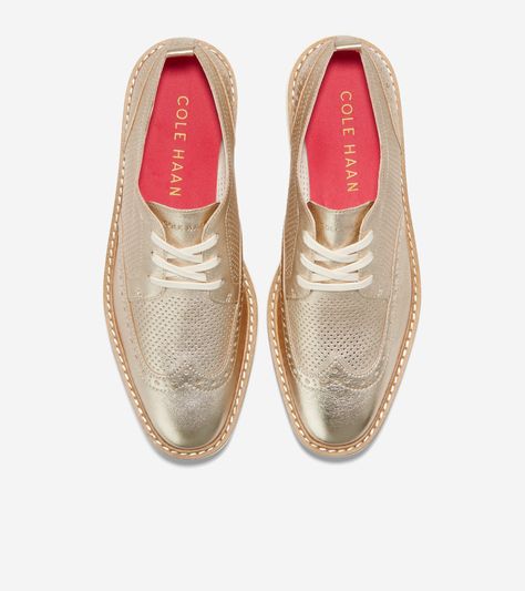 Women's ØriginalGrand Platform Wingtip Oxford in Gold | Cole Haan Cole Haan Women Shoes, Leather Shoe Care, Comfortable Work Shoes, Cole Hann, Brogues Style, Gold Platforms, Womens Quilted Jacket, Oxford Boots, Wingtip Oxford