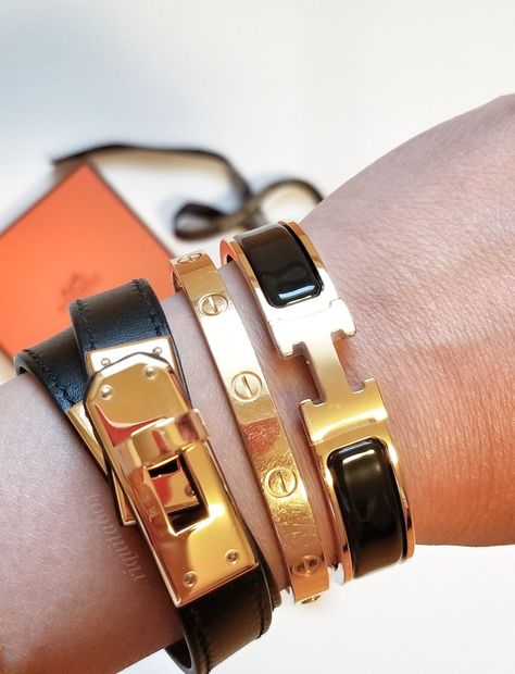 Hermes H Clic bangle and Kelly Double Tour bracelet. Cartier Love Bangle Arm stack. Hermes Double Tour Bracelet, Bracelet Double Tour, Hermes Bracelet Stack, Hermes Kelly Bracelet, Hermes Clic H Bracelet, Kelly Double Tour Bracelet, Kelly Bracelet, Hermes Bracelets, Cartier Love Bangle