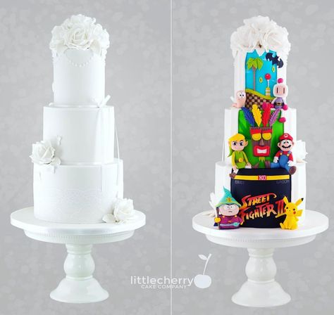 Hidden gamer wedding cake! . . . . #bomberman #batman #sonic #sonicthehedgehog #crashbandicoot #streetfighter #cherrycakeco #cake… Half And Half Wedding Cakes, Gamer Wedding Cake, Batman Wedding Cakes, Geek Wedding Cake, Wedding Cake Designs Simple, Crazy Wedding Cakes, Wedding Cake Cake, Different Wedding Cakes, Fancy Wedding Cakes