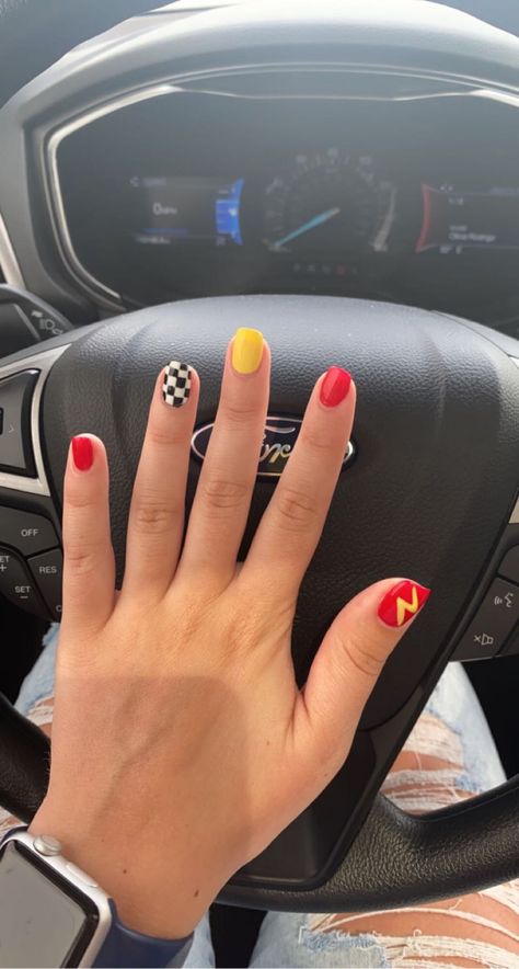 Disney Cars Nails Acrylic, Cars Acrylic Nails, Lightning Mcqueen Nail Art, Red Lightning Bolt Nails, Disney Car Nails, Race Inspired Nails, Disney Cars Nail Art, Disney Cars Theme Nails, Lightning Mcqueen Nails Art Ideas