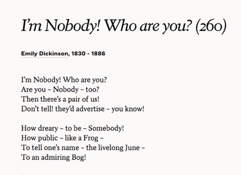 I'm Nobody Who Are You, Im Nobody Who Are You Emily Dickinson, I Am Nobody Who Are You Emily Dickinson, I’m Nobody Who Are You, Poetry Worksheets, Writers Quotes, Dickinson Poems, Emily Dickinson Poems, Writer Quotes