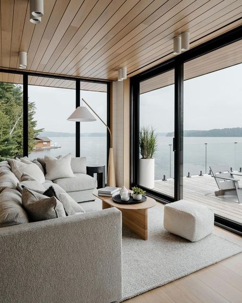 Jayne’s Luxury Rentals on Instagram: "Sleek lines, stunning views. Bal Harbour takes the Muskoka boathouse to new levels. 🌟⁠ ⁠ 📍Bal Harbour" Boathouse Interior, Muskoka Boathouse, Muskoka Room, Bal Harbour, Cottage Interior, Boat House, Lake House Decor, Luxury Rentals, May 11