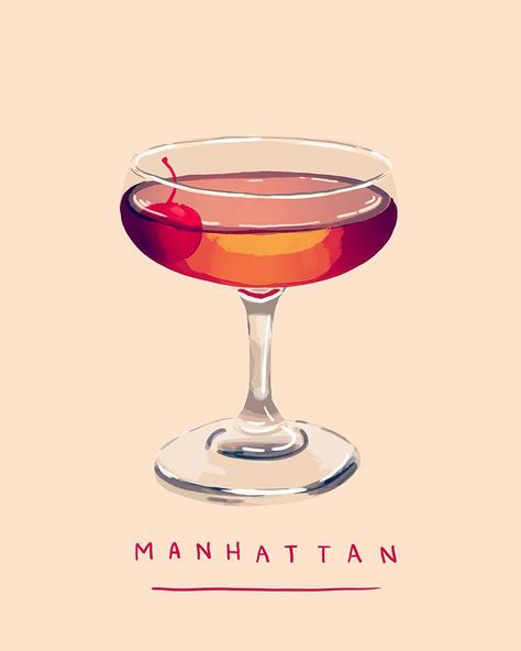 Manhattan Illustration, Nan Lawson, Manhattan Cocktail, Cocktail Illustration, Food Tags, Art Appliqué, Artwork Ideas, Cocktail Art, Kitchen Prints