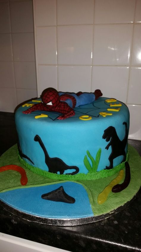 Spiderman dinosaur shark snake cake Snake Cake, Snake Cakes, Dino Cake, Twin Birthday Parties, Dinosaur Birthday Cakes, Spiderman Birthday Party, Superhero Cake, Spiderman Cake, Dinosaur Cake