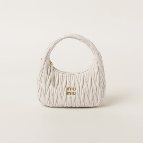 White Wander Matelassé Nappa Leather Hobo Bag | Miu Miu Miu Miu White Bag, Bags Miu Miu, Miu Miu Shoulder Bag, Miu Miu Wander Bag, Miu Miu Clothes, Mui Mui Bag, White Designer Bag, Miu Miu Wander, Miu Miu Purse