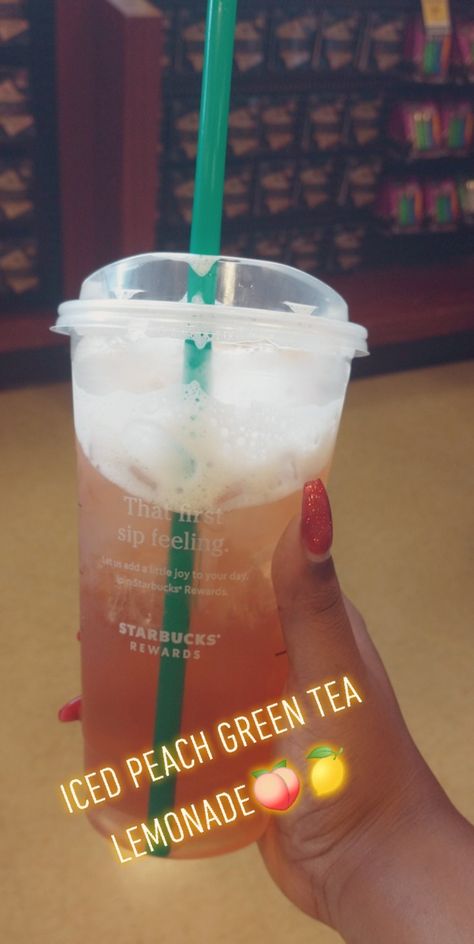 Green Tea Lemonade Starbucks, Iced Peach Green Tea, Coffee Boutique, Peach Green Tea Lemonade, My First Summer, Green Tea Lemonade, Peach Green Tea, Starbucks Rewards, Tea Lemonade