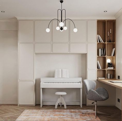 This room features a sleek cabinet alongside a piano, designed for a musician. The neutral color palette of soft whites and warm beiges creates a calming atmosphere, while mid-century accents add character. The client chose the second design, what do you prefer? Piano Study Room, Sleek Cabinet, Neutral Color Palette, Calming Atmosphere, The Client, Study Office, Neutral Colour Palette, Study Room, Neutral Color