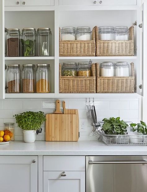 Lady has cluttered kitchen counters but doesn't want to install a pantry. She comes up with these brilliant ideas instead. Baskets On Top Of Kitchen Cabinets, Cluttered Kitchen, Cookbook Storage, Top Of Kitchen Cabinets, Counter Clutter, Clutter Free Kitchen, Old Glass Bottles, Kitchen Clutter, Open Kitchen Shelves