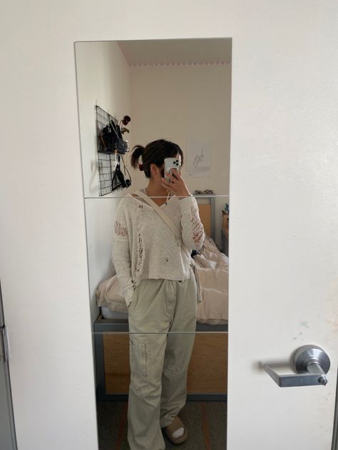 Shell Claw Clip, Fake Yeezy Slides, Thrifted Diy, Parachute Pants Outfit, Beige Tank Top, Parachute Cargo Pants, Parachute Cargo, Yeezy Slides, Distressed Sweater