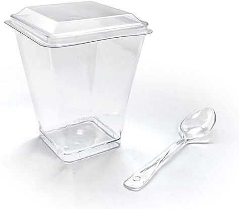 Amazon.com | Zappy 42 5 oz Tall Square Mini Dessert Cups with Lids and Tasting Spoons, Large Dessert Glasses Shot Glasses Trifle Bowl, Clear Disposable Plastic Dessert Tumbler Cups Small Party Cups: Bowls Small Plastic Cups, Dessert Cups With Lids, Tasting Spoons, Plastic Dessert Cups, Desert Cups, Mousse Cups, Cake Squares, Appetizer Cups, Parfait Glasses