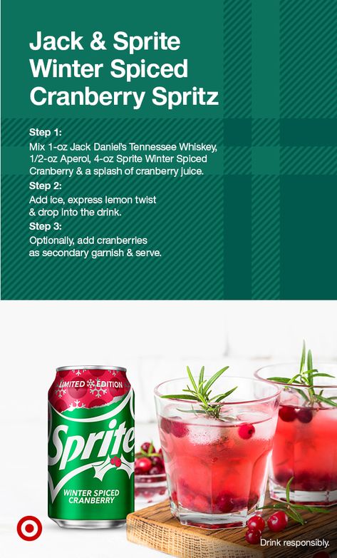 Mix 1-oz Jack Daniel’s Tennessee Whiskey, 1/2-oz Aperol, 4-oz Sprite Winter Spiced Cranberry & a splash of cranberry juice. Add ice, express lemon twist & drop into the drink. Optionally, add cranberries as secondary garnish & serve. Try new limited-edition Sprite Winter Spiced Cranberry. Shop now at Target, while supplies last. Drink responsibly. Cranberry Sprite, Drink Recipies, Lemon Twist, Drink Responsibly, Liquor Drinks, Boozy Drinks, Mixed Drinks Recipes, Tennessee Whiskey, Jack Daniel