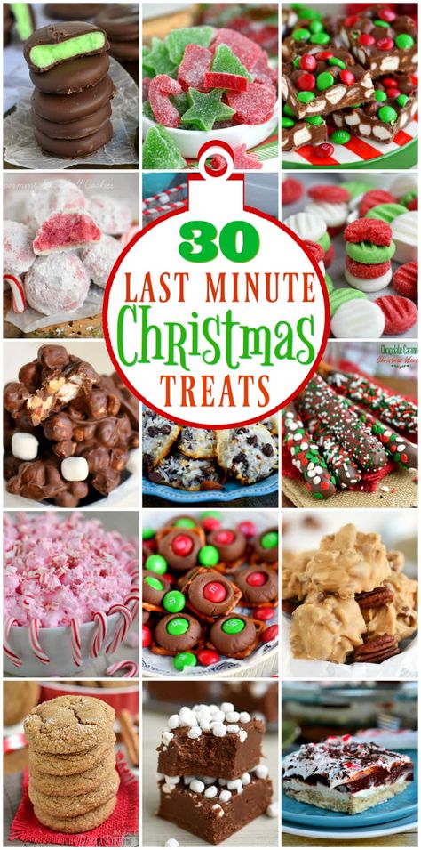 30 Last Minute Christmas Treats that you can make just in time for Christmas! Lots of great recipes here that take just a handful of ingredients and less than 15 minutes! // Mom On Timeout #christmas #holidays #treats #sweets #recipes #christmasrecipes #candy #fudgy #mint #peppermint Easy Treats Christmas, Easy Christmas Treats To Give As Gifts, Last Minute Christmas Cookies, Last Minute Christmas Desserts, Christmas Recipes For Gifts, Store Bought Cookies Decorated For Christmas, Food52 Recipes Desserts, Christmas Goodies Recipes Treats, Christmas Tins Treats