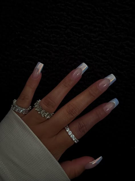 French Chrome Square Nails, Chrome French Tip Nails Square Short, Blue Chrome Acrylic Nails French Tip, Silver Coffin French Tip Nails, White Metallic Nails French Tips, Chrome Nails Designs French Tip, French Glossy Nails, Nail Designs Square Shape French Tips, Platinum French Tip Nails