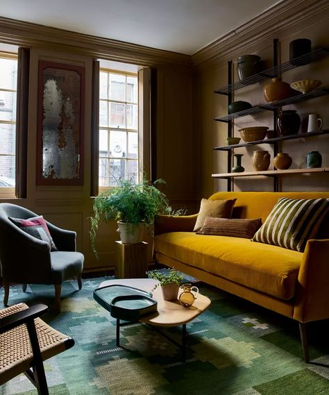 Yellow and green room ideas: 10 ways with natural tones | Homes & Gardens Yellow Couch, Latest Sofa Designs, Taupe Walls, Yellow Sofa, Yellow Room, Open Plan Living Room, Corner Sofa Set, Living Room Shelves, Room Partition