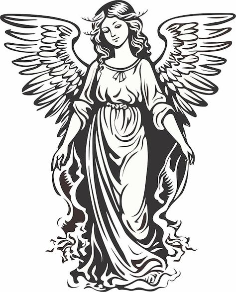 Guardian Angel Drawing, Angel Black And White, Black And White Clipart, Angel Coloring Pages, Angel Clipart, Cat Angel, Only Angel, Angel Vector, Angel Illustration