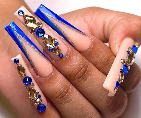 Beauty And The Beast Nails Acrylic Long, Beauty And The Beast Nails Acrylic, Beauty And The Beast Nails Designs, Orange Quince, Royal Blue Nails Designs, Beauty And The Beast Nails, Blue Prom Nails, Royals Nails, Blue Christmas Nails