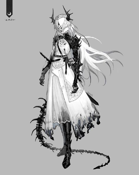 Black White Character Design, Dnd Concept Art Character Design, Cool Oc Ideas, Character Design Wings, Blindfolded Character, Dullahan Character Design, Mysterious Character Design, Black And White Character Design, Elegant Character Design