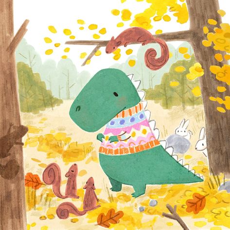 Natalie Lundeen Cute Dinosaur Art, The Woods Illustration, T Rex Illustration, Watercolor Art Cute, Children Book Illustration Watercolor, Woods Illustration, Dinosaur Watercolor, Watercolor Dinosaur, Cute T Rex