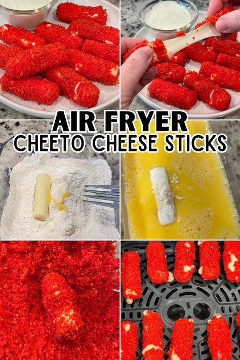 Hot Cheeto Cheese Sticks are crispy and crunchy on the outside with ooey, gooey mozzarella in the middle, this fun finger food is the perfect party snack, tailgate treat, appetizer, or game-day starter. #hotcheetos #cheetos #snack #spicy Air Fryer Hot Cheeto Mozzarella Sticks, Recipes With Mozzarella Sticks, Recipes With Cheese Sticks, Hot Cheeto Cheese Sticks, Hot Cheetos And Takis Snacks, Healthy Hot Cheetos, Things To Make With Hot Cheetos, Mozzarella Cheese Sticks Recipe, Pickles And Hot Cheetos