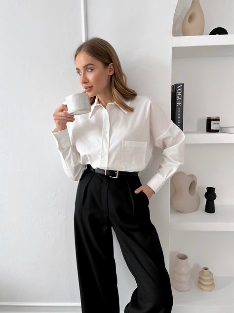 White Collared Shirt Outfit, Collared Shirt Outfit, Collared Shirt Outfits, Basic Wardrobe, White Shirt Blouse, White Collared Shirt, White Shirts Women, Outerwear Vest, Suit Style