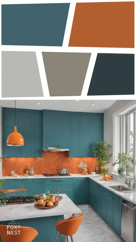 Teal And Orange Color Palette, Orange Backsplash, Color Palette Kitchen, Kitchen Cupboard Colours, Palette Kitchen, Coral Kitchen, Orange Kitchen Decor, Kitchen Colour Combination, Teal Color Palette