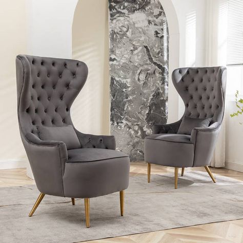 InspireMeHomeDécor Julia Velvet Wingback Chair & Reviews | Wayfair Nursery Armchair, Velvet Wingback Chair, Tufted Furniture, Wingback Accent Chair, Chair Wood, Tufted Cushion, High Back Chairs, Barrel Chair, Cool Chairs