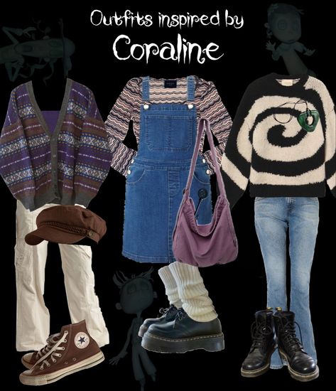 Tim Burton Aesthetic Clothes, Wybie Outfit Ideas, Coralline Outfit Inspired, Coraline Themed Outfit, Coraline Outfit Inspiration, Coraline Clothes Aesthetic, Coraline Outfits From Movie, Halloween Vibes Outfit, Coraline Core Outfits