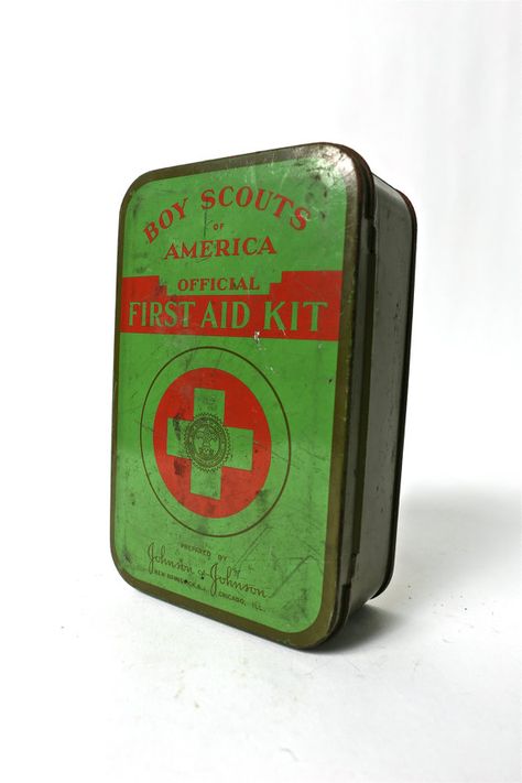 Vintage Boy Scouts of America First Aid Kit with Original Supplies Scout First Aid Kit, Girl Scout First Aid Kit, Vintage First Aid Kit Aesthetic, Sports First Aid Kit, First Aid Badge Juniors, Vintage First Aid Kit, Semper Paratus, America First, Eagle Scouts