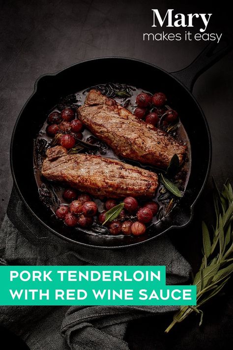 The red wine sauce makes this pork insanely tender and flavourful. Tenderloin With Red Wine Sauce, Easy Pork Tenderloin, Red Wine Recipe, Mary Berg, Pork Sauce, Grilled Roast, Roasted Pork Tenderloins, Pork Loin Recipes, Red Wine Sauce