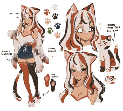 Characters With Tattoos, Hybrid Cat, Anime Artist, Hybrid Art, Cat Character, Drawing Tablet, Arte Sketchbook, Creature Concept Art, Calico Cat