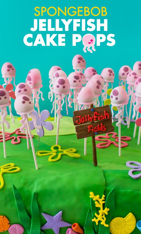 These jellyfish cakepops are the perfect addition to your kid's SpongeBob Squarepants themed birthday party! They are bite sized, an easy DIY recipe, but best of all they will make all party guests feel as if they are under the sea. Jellyfish Cake, Spongebob Squarepants Party, Spongebob Birthday Party Decorations, Spongebob Jellyfish, Spongebob Birthday Cake, Bob Sponge, Cake Pops Recipe, Spongebob Cake, Spongebob Birthday Party