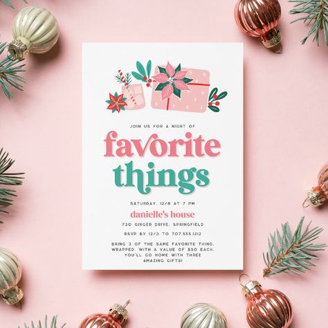 Colorful Retro Pink Holiday Favorite Things Party Invitation Holiday Favorite Things Party, Favorite Things Party Invitation, Retro Lights, Hosting Ideas, Favorite Things Party, Poinsettia Flowers, Christmas Pregnancy Announcement, Holiday Christmas Party, Cocktail Gifts