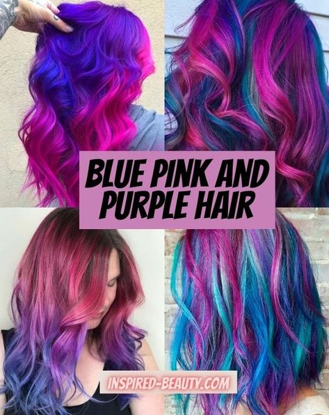 Magenta Purple And Blue Hair, Pink And Purple Hair Peekaboo, Valkyrie Hair, Fantasy Hair Color Short, Pink And Blue Ombre Hair, Pink And Blue Hair Ideas, Turquoise And Purple Hair, Pink Blue And Purple Hair, Crazy Color Hair Ideas