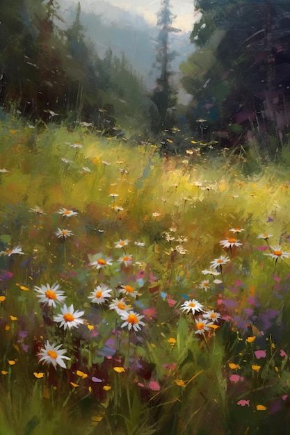 Forest Meadow Aesthetic, Pastel Artwork Flower, Field Of Daisies, Farmhouse Paintings, Grass Painting, Mediums Of Art, African Paintings, Daisy Field, Pastel Artwork