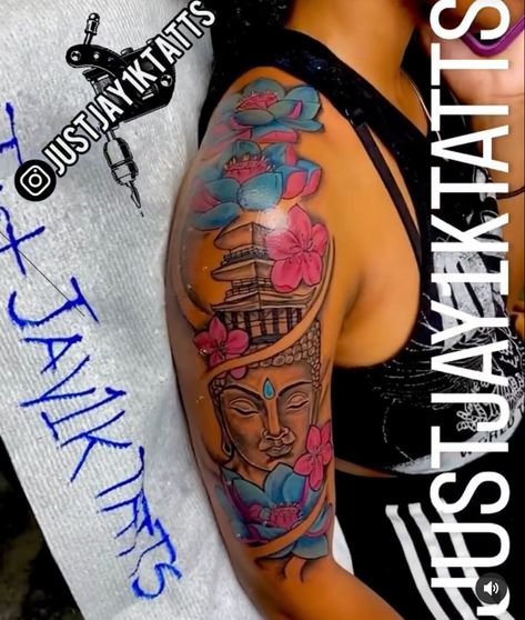 Spiritual Tattoos Black Women Arm, Sleeves Black Women Tattoo, Colorful Sleeve Tattoos For Black Women, Raw Tattoos For Black Women, Color Tattoos On Black Women, Palm Size Tattoos Ideas For Black Women, Raw Tattoo Ideas, Arm Tattoos For Women With Color, Colorful Leg Tattoos For Women