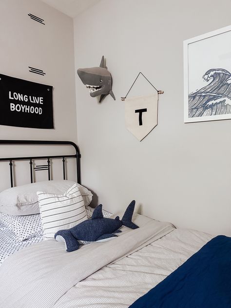 Shark Toddler Room, Boys Shark Room, Boys Room Black Bed, Boys Shark Bedroom, Toddler Ocean Room, Toddler Surf Bedroom, Shark Bedroom Ideas For Kids, Aquatic Bedroom, Big Boy Room Ideas