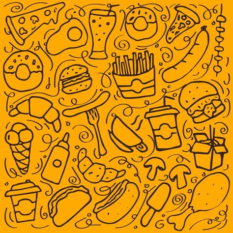 Orange pattern with fast food icons. Doodle food background Pizza Wallpaper Backgrounds, Food Pattern Design, Food Background Design Graphics, Fast Food Logo Design Ideas, Food Background Design, Food Pattern Illustration, Foodies Logo, Fast Food Background, Food Mural